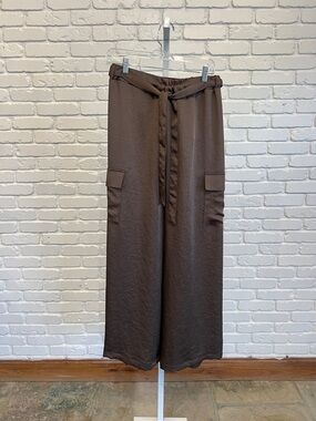 Tie-Waist Wide-Leg Cargo Pants in Brown - Sash Pant in Chocolate